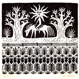 Linocut Print, Moon in the Garden Print, Sun Riding Horse Art