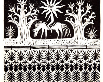 Linocut Print, Moon in the Garden Print, Sun Riding Horse Art