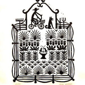 Garden Linocut Print, bicycle Dog Wall Art, Allotment, Permaculture, Urban gardening, Vegetables Print image 1