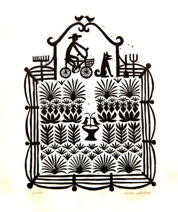 Garden Linocut Print, bicycle Dog Wall Art, Allotment, Permaculture, Urban gardening, Vegetables Print