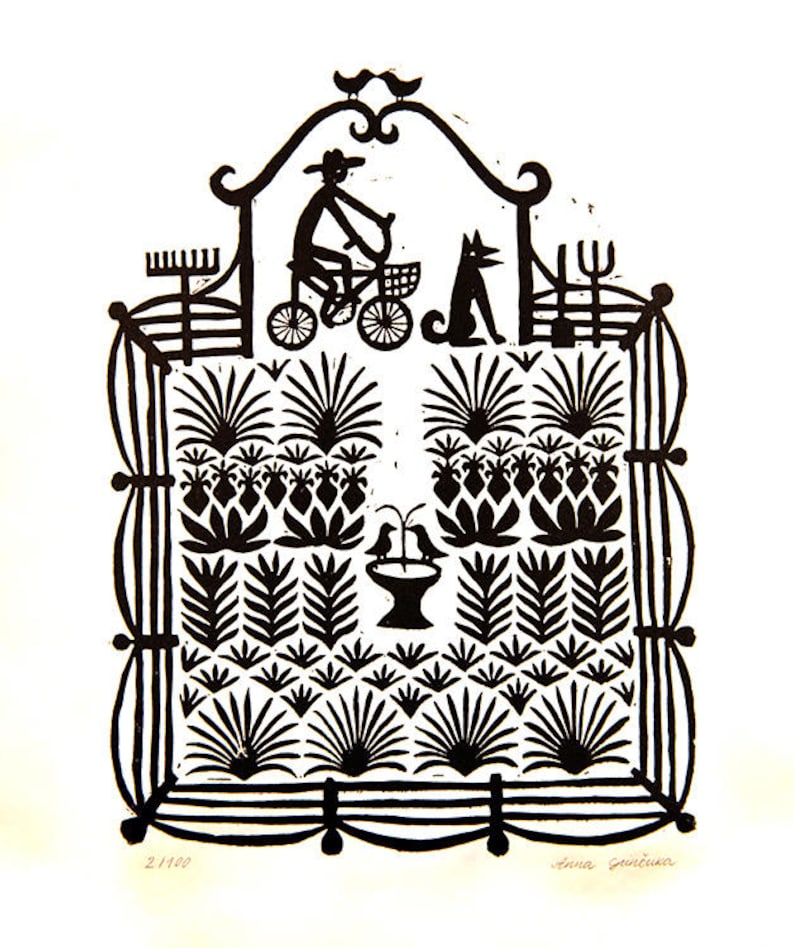 Garden Linocut Print, bicycle Dog Wall Art, Allotment, Permaculture, Urban gardening, Vegetables Print image 1