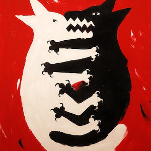 Weißer Hund Kampf, schwarze Katze Katze Poster, Yin-Yang-Kunstdruck