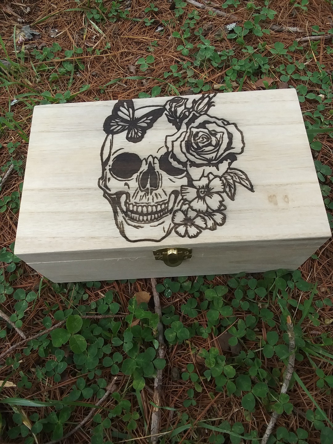 Skull Box With Roses Skull and Roses Trinket Box, Memorial Storage Box, Butterfly Engraved ...