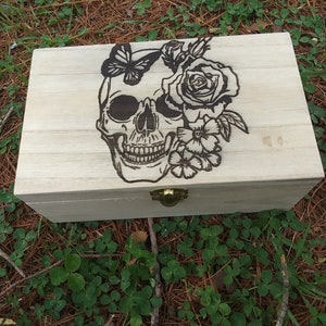 Skull and Roses Trinket Box, Memorial Storage box, Butterfly Engraved Wooden Box, Gift Box, Custom Laser engraved Box