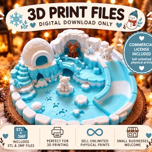 Könnte beinhalten: Eine digitale 3D-Druckdatei mit einem winterlichen Diorama, das ein Iglu, eine Brücke, eine Rutsche und kleine Tierfiguren wie einen Bären, ein Reh und einen Fuchs zeigt. Der Text lautet 3D PRINT FILES DIGITAL DOWNLOAD ONLY und COMMERCIAL LICENSE INCLUDED.