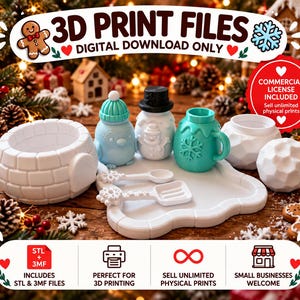 May include: A collection of 3D print files for a winter-themed set including a white igloo, a light blue penguin, a white snowman, a teal mug with a snowflake, a white tray, two small utensils, and a white geometric sphere for digital download.