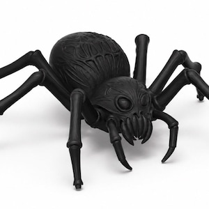 Könnte beinhalten: Eine mattschwarze Spinnenfigur mit acht beweglichen Beinen, einem abgerundeten Hinterleib mit strukturierter Oberfläche und einem detaillierten Kopf mit hervorstehenden Augen und spitzen Fangzähnen an der Vorderseite des Körpers.