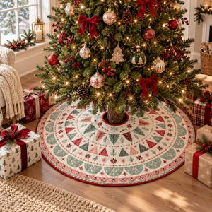 May include: A circular Christmas tree skirt featuring a cream-colored base with a repeating pattern of red, green, and pink stylized trees, snowflakes, and geometric shapes, finished with a solid red border around the outer and inner edges.