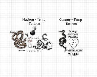 May include: Two sets of temporary tattoos labeled Hudson and Connor. Hudson includes a snake, bomb, cherries, ghost, scorpion, tiger, arrow, and text. Connor features a snake, heart with text, and various phrases including bunny, Mama's Boy, and YIKES.