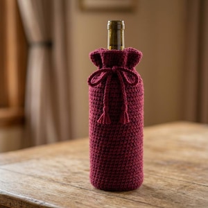 Op de afbeelding: Een donkerrode gehaakte flessenhoes met een textuurrijk breipatroon, een trekkoordsluiting aan de bovenkant met bijpassende garenstrikken en kleine kwastjes aan de uiteinden, die een glazen fles met een zichtbare hals omsluit.
