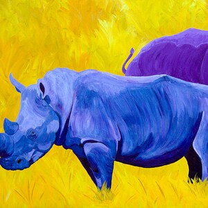 Rhino Rhinoceros Large Fine Art Painting Giclee Print Purple Yellow Blue Vibrant Colorful Art