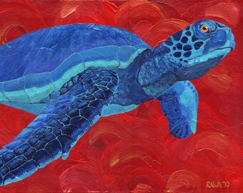 Turtle Large Fine Art Painting Giclee Print Red Blue Colorful Vibrant Art