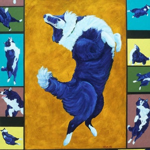 Border Collie Australian Shepherd Dog Small Fine Art Painting Print Colorful Vibrant Blue image 2