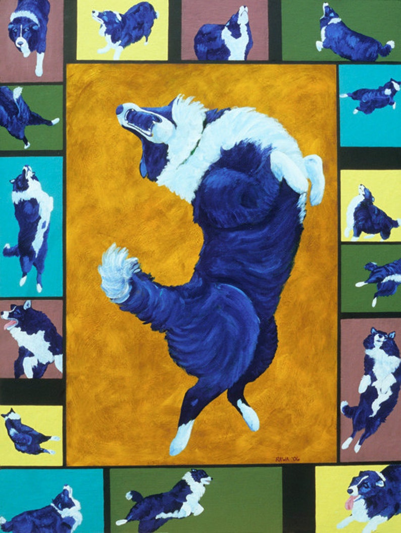 Border Collie Australian Shepherd Dog Small Fine Art Painting Print Colorful Vibrant Blue image 2