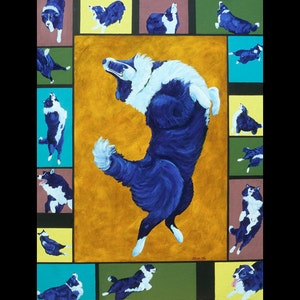 Border Collie Australian Shepherd Dog Small Fine Art Painting Print Colorful Vibrant Blue image 1