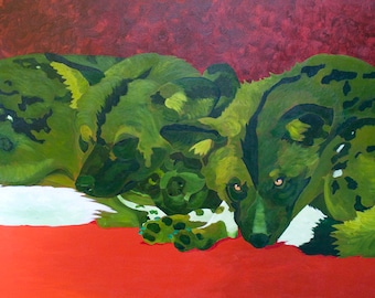 Dog, African Wild Dog - Original Acrylic Painting Green Red Colorful Vibrant Art