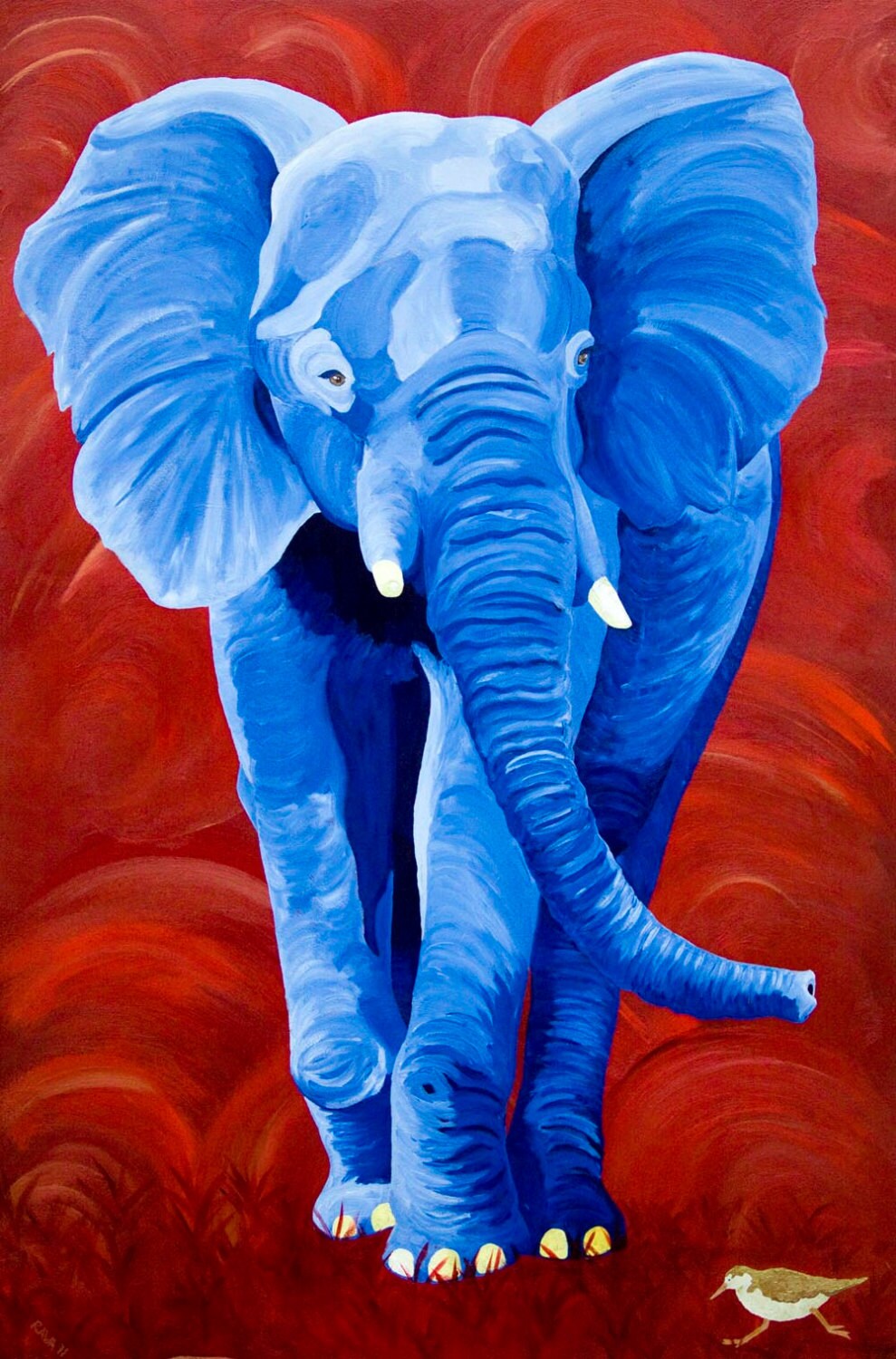 Elephant Fine Art Painting Print Blue Red Etsy