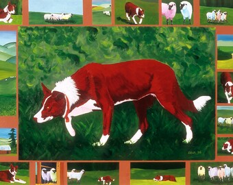 Border Collie Dog Large Fine Art Acrylic Painting Giclee Print Colorful Vibrant Red