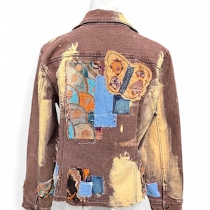 Brown Denim Jacket, Boho Patchwork Butterfly Cat Appliqué Wearable Art Coat