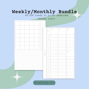 Può includere: Un pacchetto di pianificatori settimanali e mensili in PDF A6 digitale con inizio lunedì. Il layout include un calendario mensile a griglia e un programma orario verticale per la settimana. Il testo recita Weekly/Monthly Bundle, A6 PDF ready to print download, monday start e Riverlore Co.
