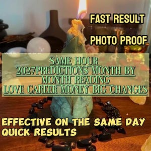 May include: A light blue candle with a burning flame and a green leaf attached to the side, surrounded by small black stones. Text on the image reads: FAST RESULT PHOTO PROOF, SAME HOUR 2027 PREDICTIONS MONTH BY MONTH READING LOVE CAREER MONEY BIG CHANGES.