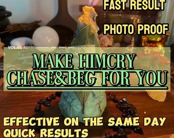 May include: A light blue cone-shaped candle with a lit wick and embedded leaves, surrounded by small black stones. Text overlays read: FAST RESULT, PHOTO PROOF, MAKE HIMCRY CHASE&BEG FOR YOU, EFFECTIVE ON THE SAME DAY, and QUICK RESULTS.