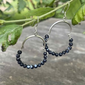 Mother of Pearls Black Handmade Silver Hoop Earrings for her!