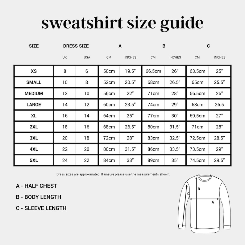 The image is a size guide for a sweatshirt, providing measurements for different dress sizes and sleeve lengths.