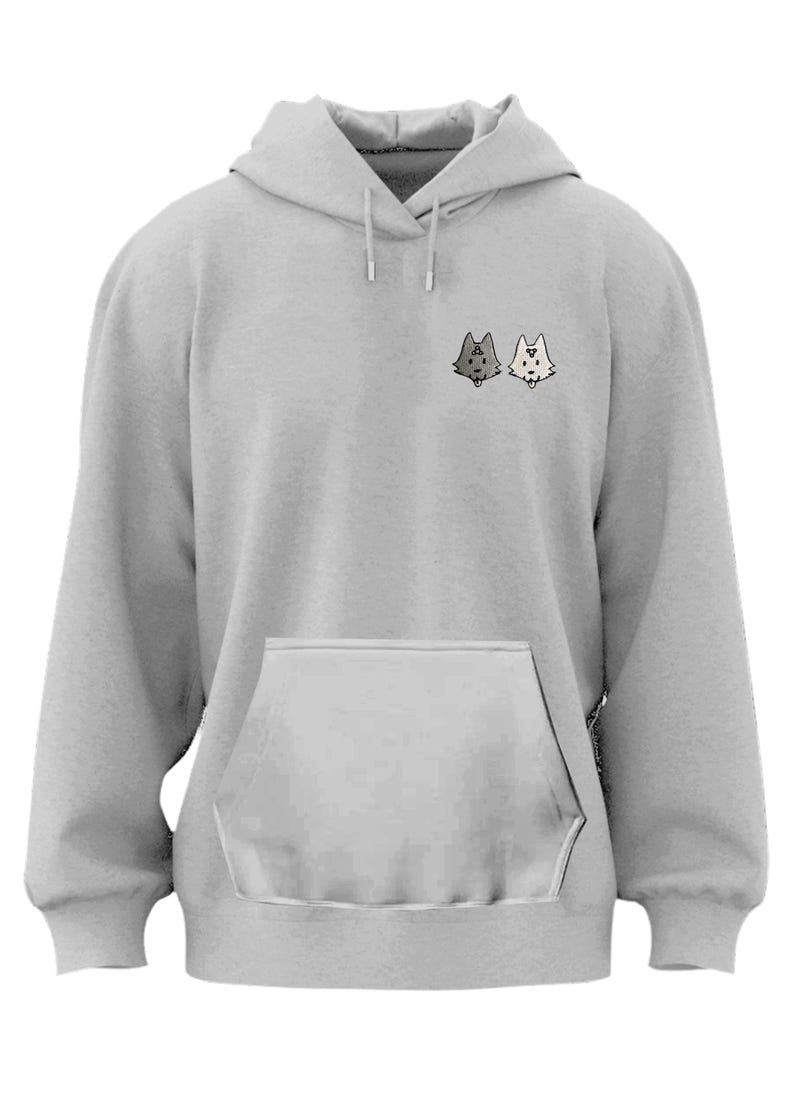 A gray hoodie with a small pocket and two cartoon wolf heads on the front.