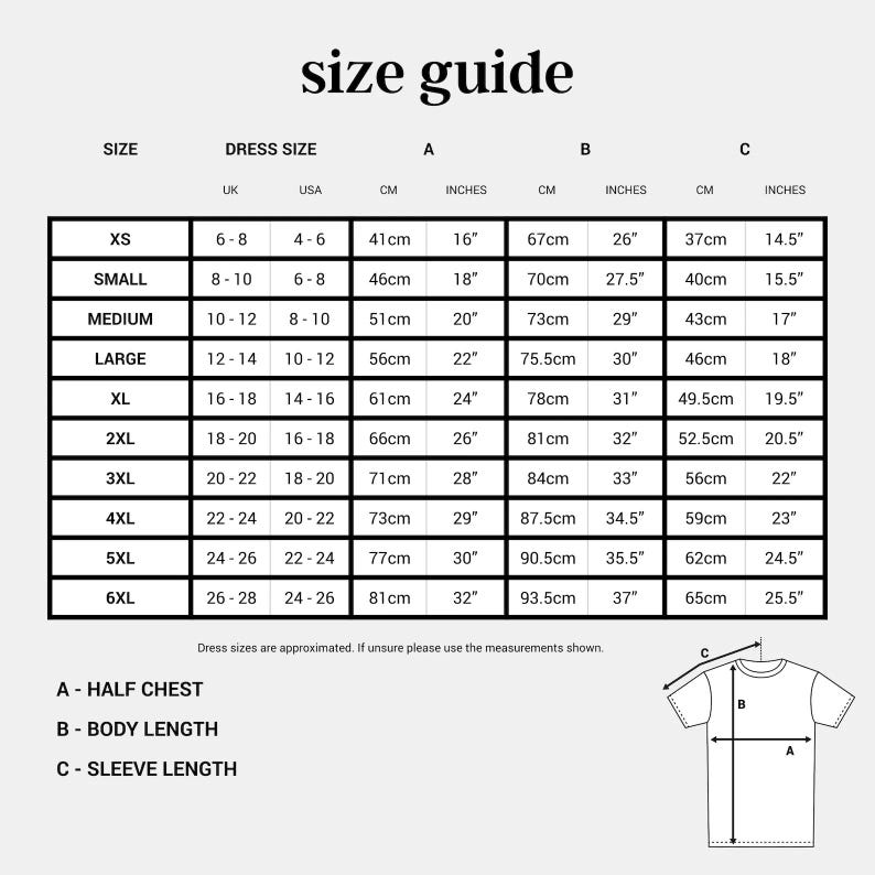 the size guide for a t - shirt