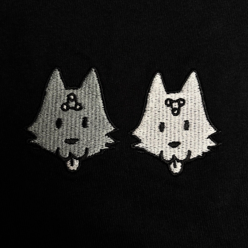 two cartoon-like dog faces, each with a small smile and a small triangle on their heads, set against a black background.