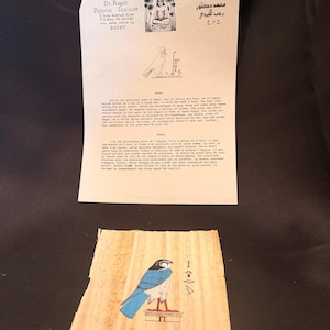 Peut inclure: Un morceau de papyrus rectangulaire présentant une illustration colorée d'un faucon debout sur un piédestal avec des hiéroglyphes, accompagné d'un document informatif du Dr. Ragab Papyrus Institute détaillant l'histoire d'Horus.