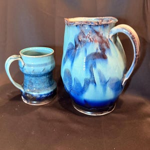 Flowing Teal Reactive Glaze Stoneware Pitcher and Mug Set with Artist Mark