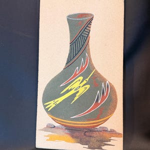 Vintage Navajo-sandmålning väggkonst av Wilson Price Sr, traditionell keramikburkdesign