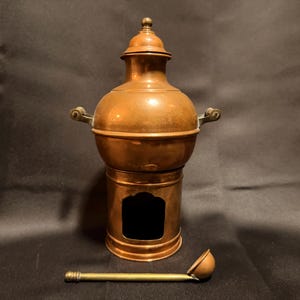 Antique Handmade Egyptian Copper & Brass Bean Cooking Pot Damasa with Burner and Ladle - Middle Eastern Kitchenware and Decor