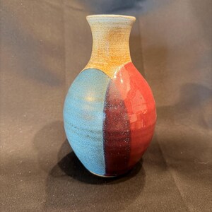 Colorful Signed Studio Pottery Vase – Layered Overlapping Glaze Abstract Art Pottery