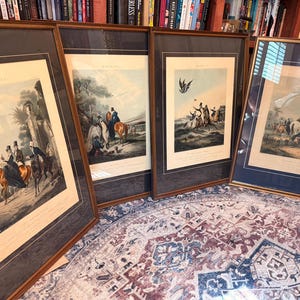 Set of 4 Antique Hawking Prints 1839 by F.C. Turner & R.G. Reeve | Framed Hand-Colored Aquatints | English Sporting Art Equestrian Falconry