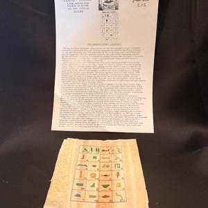 Peut inclure: Une feuille d'information blanche du Dr. Ragab Papyrus Institute avec du texte et un tableau d'alphabet hiéroglyphique, accompagnée d'une feuille de papyrus beige affichant une grille de hiéroglyphes égyptiens colorés et leurs lettres.