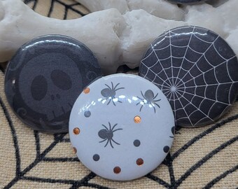 Spiderweb & Skull Pins | Round Pinback Button Set | Metallic | 1 Inch