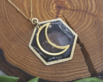 Galaxy Inspired Geometric Moon Resin Necklace