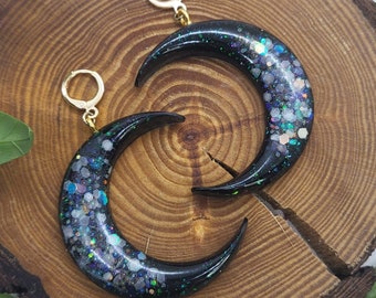 Large Moon Earrings | 18k Gold Plated Huggie Hoops | Glow in the Dark Glitter