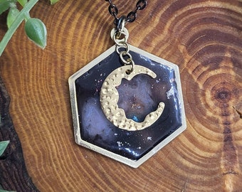 Galaxy Inspired Geometric Moon Resin Necklace