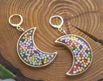 Gumball Moon Earrings | Rainbow Sprinkle Candy | 18k Gold Plated Huggie Hoops
