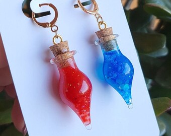 Health and Mana Potion Earrings | 18k Gold Plated | Glow Glitter | Teardrop Bottles