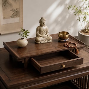 Könnte beinhalten: Ein dunkelbrauner hölzerner Altartisch mit einer ausziehbaren Schublade und einem kleinen goldenen Knopf. Auf der Oberfläche stehen eine helle Buddha-Statue, eine kleine runde Keramikvase mit grünen Blättern, eine Klangschale aus Messing und Gebetsketten.