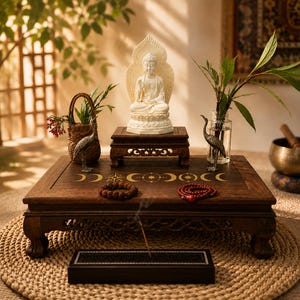 May include: A white Buddha statue sits on a dark wooden altar table featuring a gold moon phase design. The table holds a woven basket with greenery, a glass vase with leafy branches, two metal crane figurines, and two beaded prayer bracelets.