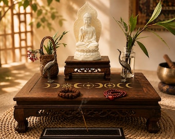 Personalized Wooden Altar Table, Hand Carved Solid Wood Meditation Shrine with Custom Gold Engraving