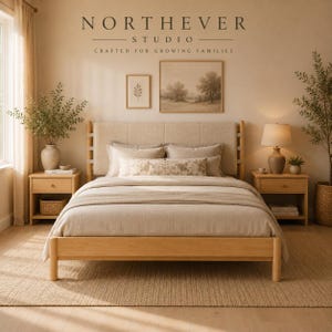 Scandinavian Queen Wood Bed Frame | Upholstered Platform Bed | USA Made