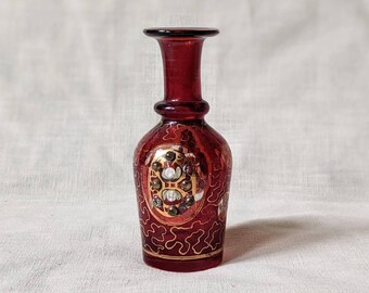 Antique Moser Glass Perfume Bottle, 1800s Perfume Bottle, Ruby Red Glass Scent Bottle, Hand Painted Gold Red Glass Vial, Collectible Glass