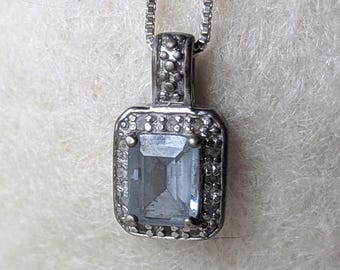Vintage Sterling Silver Blue Topaz Pendant Necklace: 16" Chain